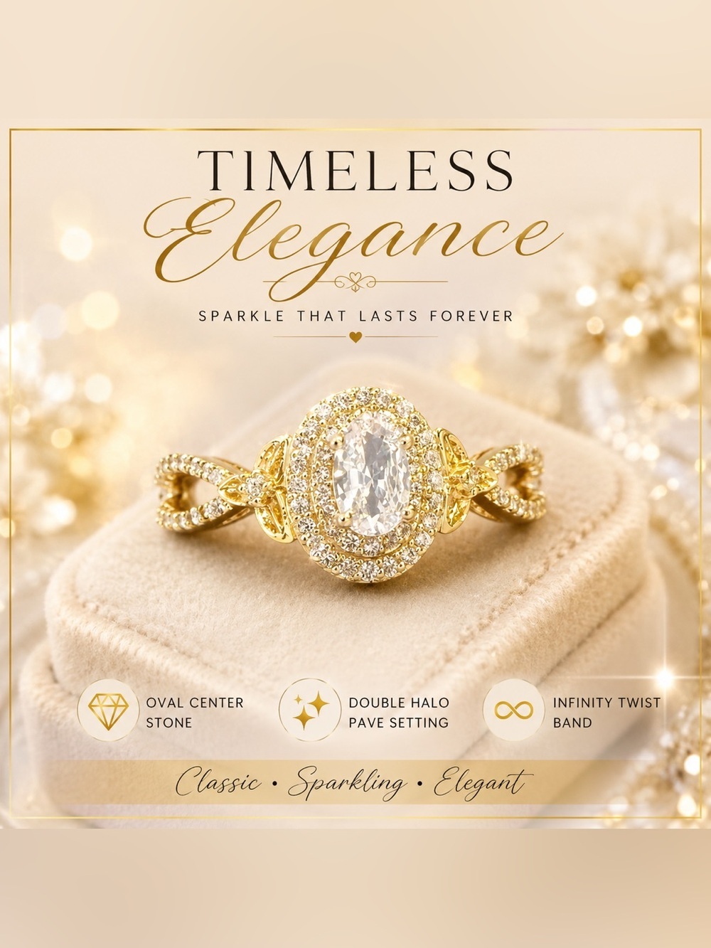Halo Oval Cubic Zirconia Engagement Ring Gold Tone PavĂŠ Split Shank